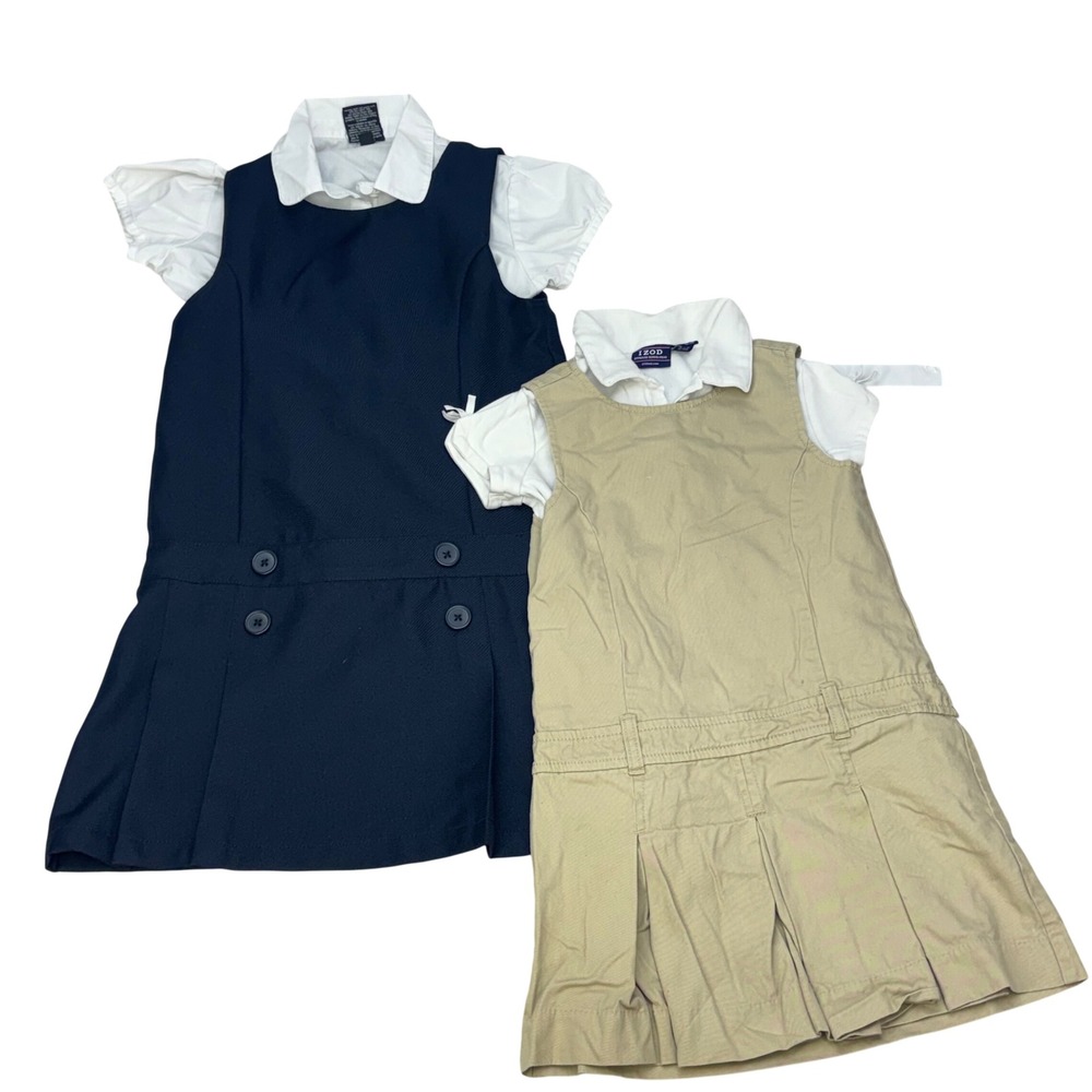 Girls School Uniform Jumper Dress Bundle Navy Khaki Academia Preppy Sz 6 7